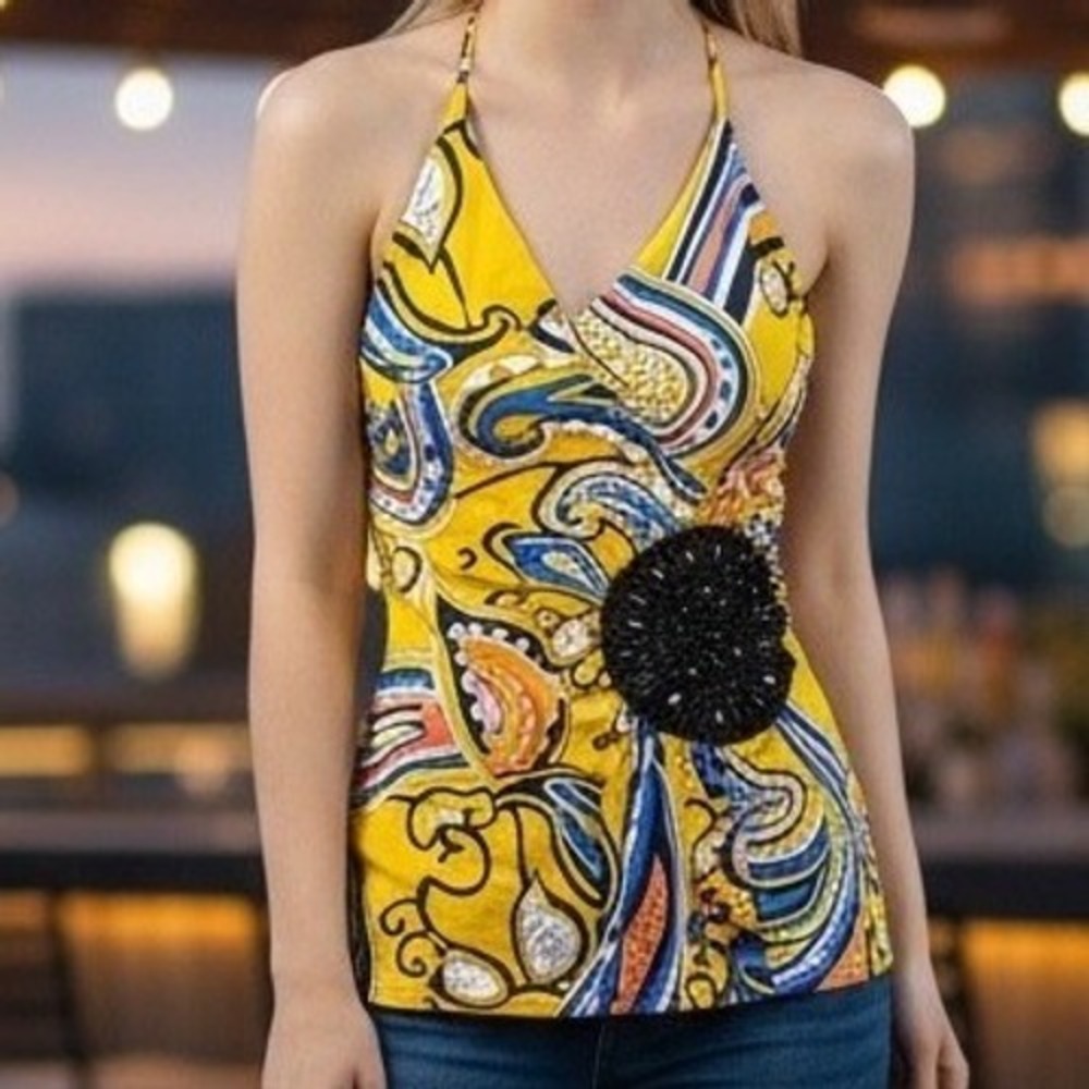 Y2K Printed Halter Top w Black Beaded Accent Night Out Size S‎